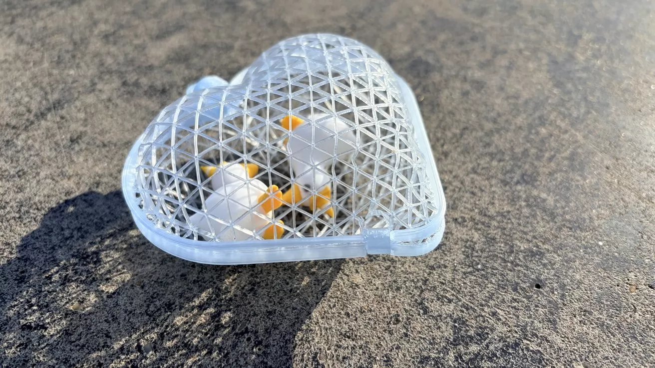 Clear plastic heart-shaped lattice container on rough concrete ground, holding two small white duck figures with yellow beaks and feet, lit by bright low-angle sunlight