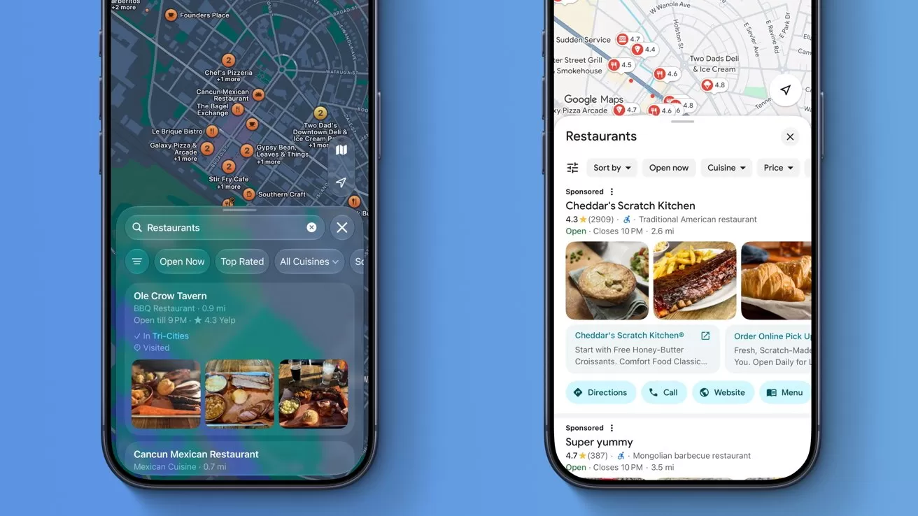 Two smartphones displaying restaurant search results on map apps, one in dark mode and one in light mode, showing pins, photos of food, restaurant details, ratings, and navigation buttons