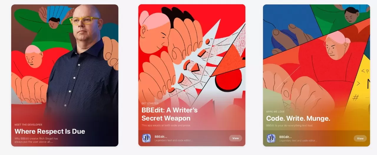 Three colorful article cards: a serious man portrait titled Where Respect Is Due, a stylized crowd cutting paper titled BFGs: A Writer's Secret Weapon, and abstract coders titled Code. Write. Munge.