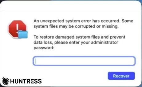 Computer alert dialog with red error icon, warning of unexpected system error and corrupted files, prompting user to enter administrator password in a text field with a blue Recover button