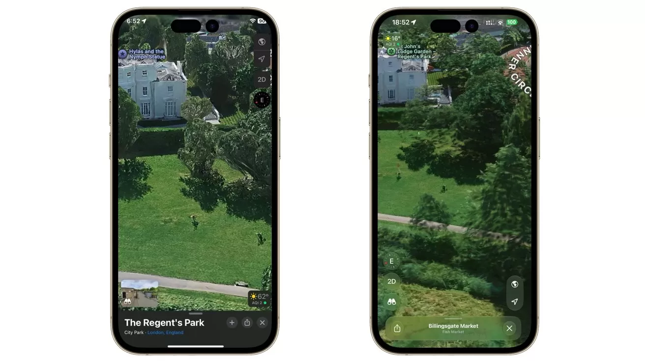 Two smartphones displaying aerial map views of a large green park with trees and nearby buildings, showing map controls and labels at the bottom of each screen