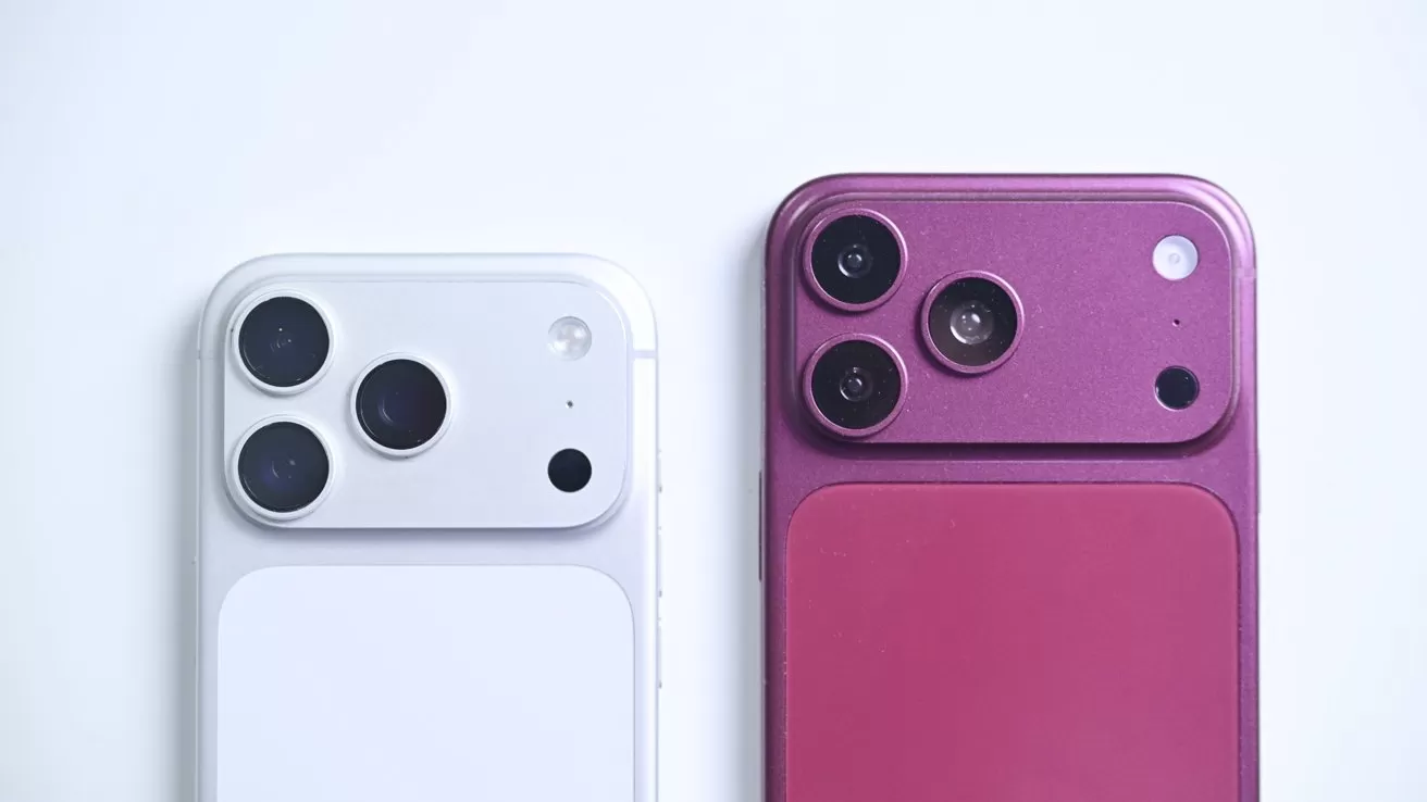 Two smartphones shown from the back, one white and one magenta, each with multiple camera lenses in the top left corner against a plain light background
