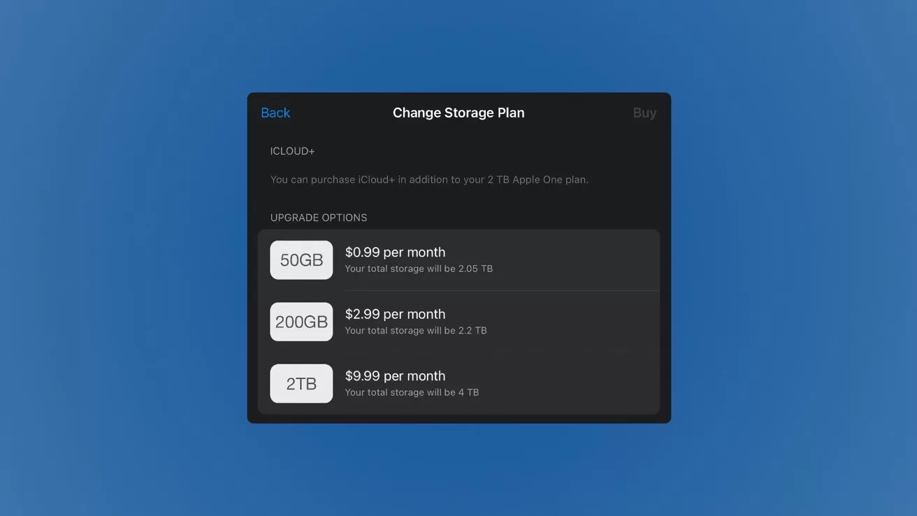 Dark dialog box on blue background showing cloud storage upgrade plans: 50GB for $0.99 per month, 200GB for $2.99 per month, and 2TB for $9.99 per month