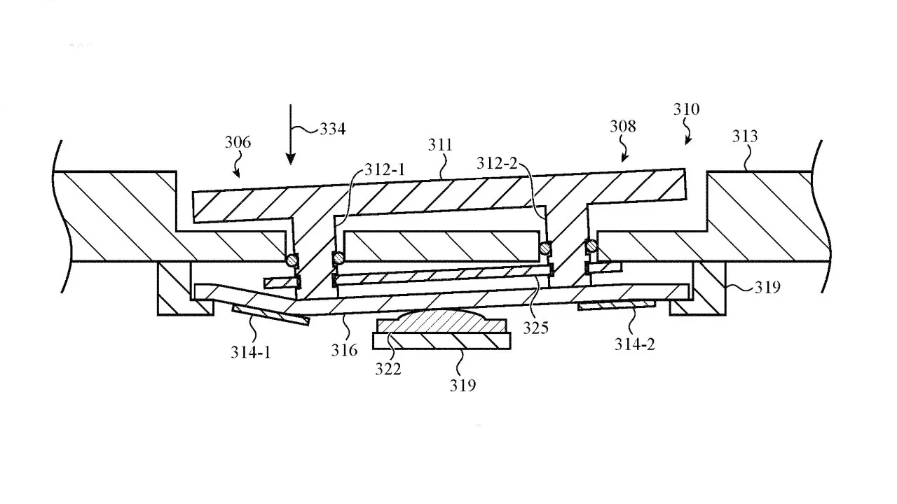 Cross-sectional technical diagram showing layered mechanical components, labeled parts, and arrows indicating motion or force, likely illustrating an internal structure of a device or assembly mechanism