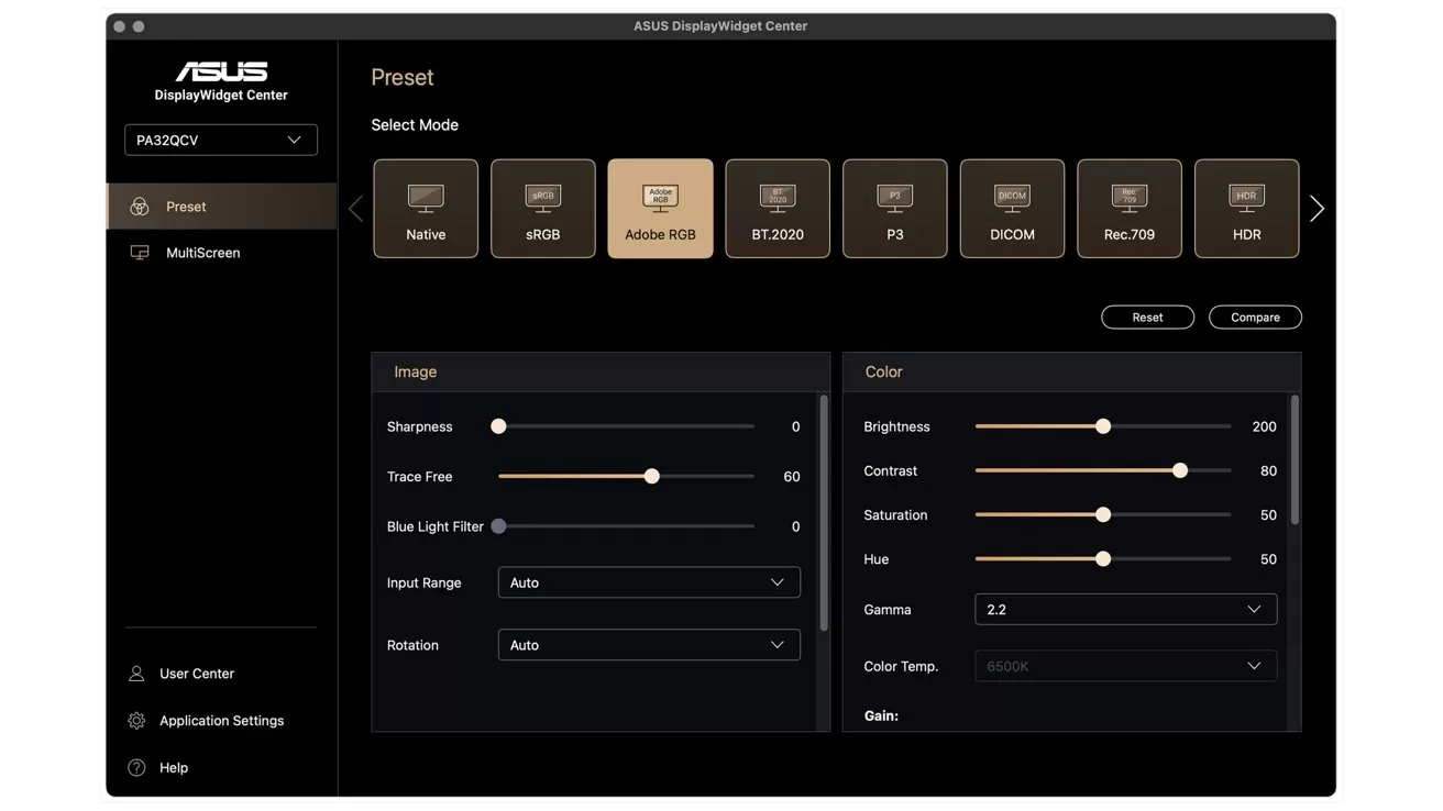 Display settings interface showing options for color modes, sharpness, trace free, blue light filter, brightness, contrast, saturation, hue, gamma, color temperature, and preset selection.