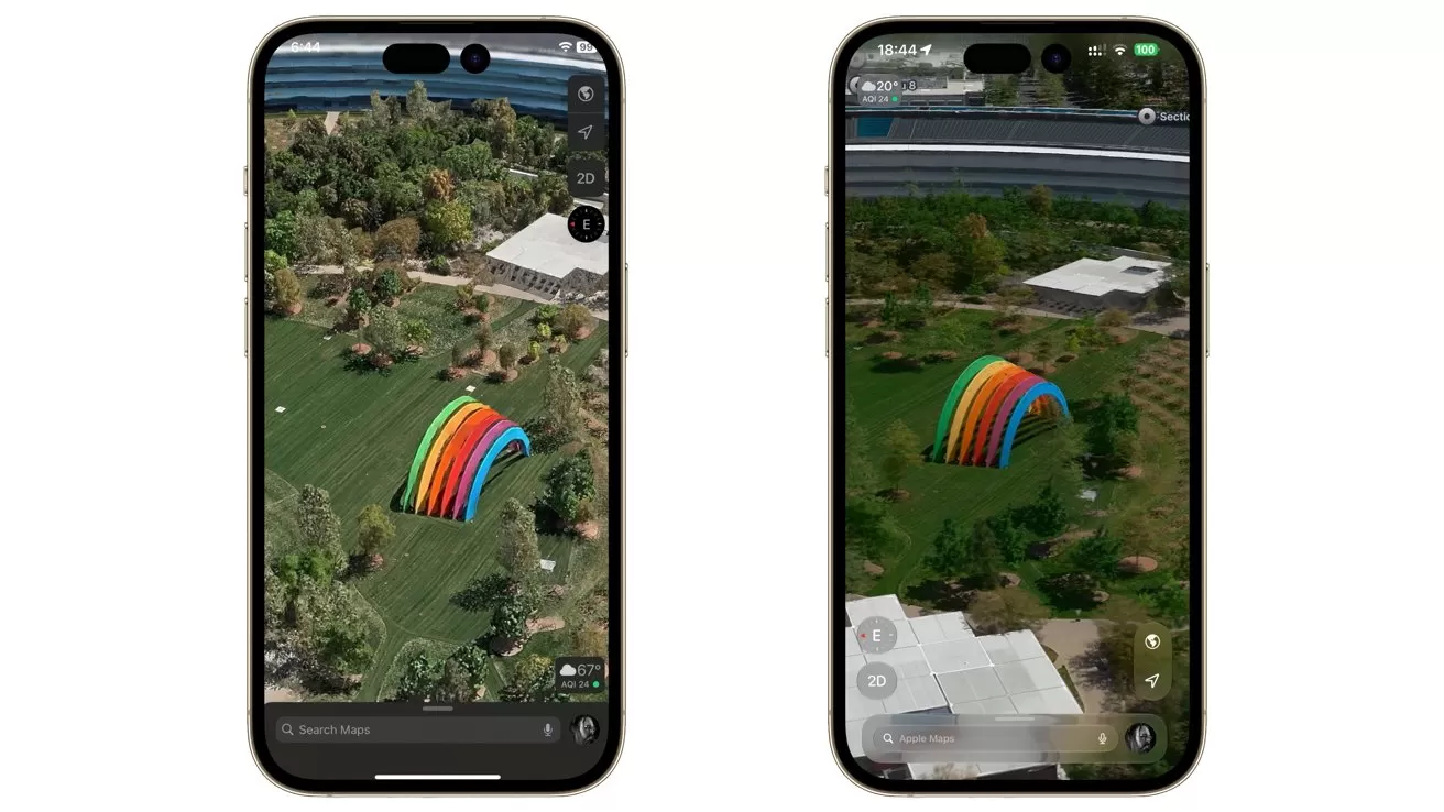 Two smartphones display a 3D map view of a park, each showing a large rainbow-colored arch structure on a green lawn surrounded by trees and nearby buildings.