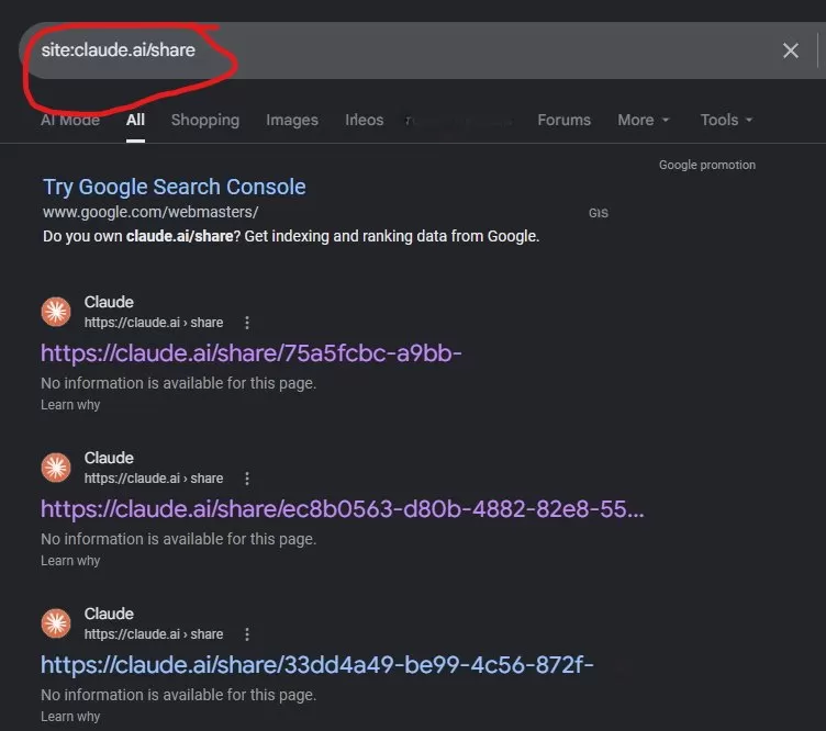 Google search results page in dark mode showing multiple Claude.ai share links, with search query site:claude.ai/share highlighted in the top search bar with a red circle
