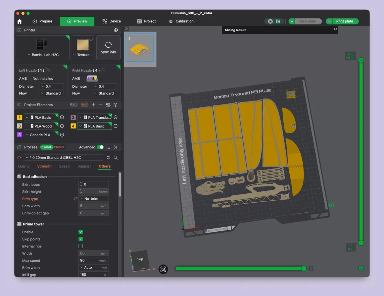 3D printer slicing software interface showing a build plate filled with many yellow model parts, printing settings and filament options on the left, and preview controls around the workspace
