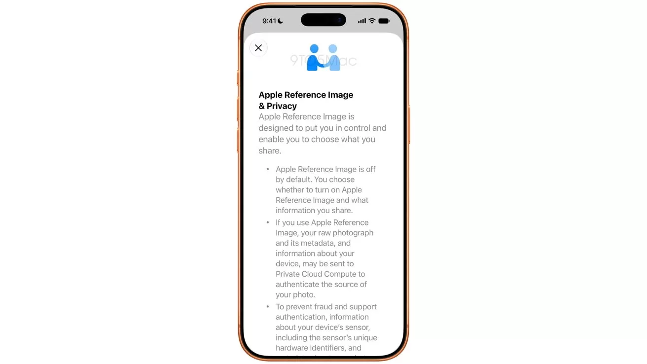 Smartphone screen displaying an Apple Reference Image and Privacy information page with a blue icon of two people at the top and detailed privacy text below