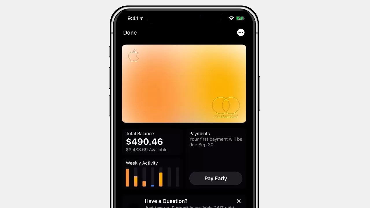 iPhone screen showing Apple Card interface with a gradient orange card, total balance of $490.46, available credit, weekly spending bars, payment due date, and a Pay Early button