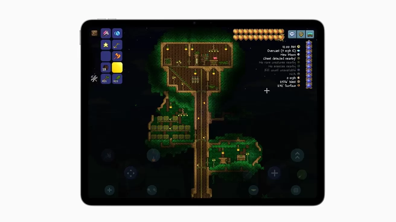 Tablet screen displaying a Terraria+ at night, showing a large wooden base, underground tunnels, glowing green areas, and interface icons along the left and right edges
