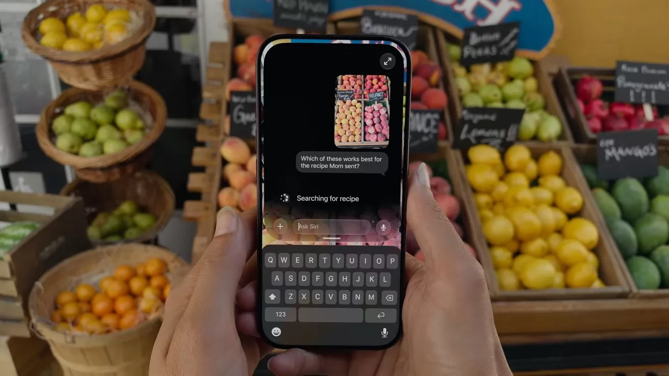 Hands holding a smartphone in front of a colorful produce stand, using a visual search feature on neatly arranged fruits and vegetables in baskets and crates at a market