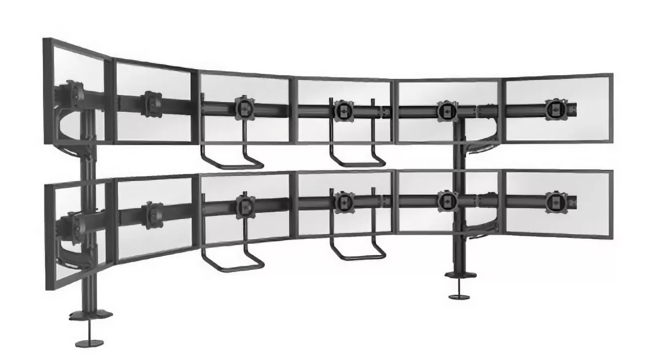 Large curved multi-monitor stand with two long rows of empty rectangular mounts, supported by vertical poles and brackets, designed to hold numerous flat-screen displays in a control-room style layout