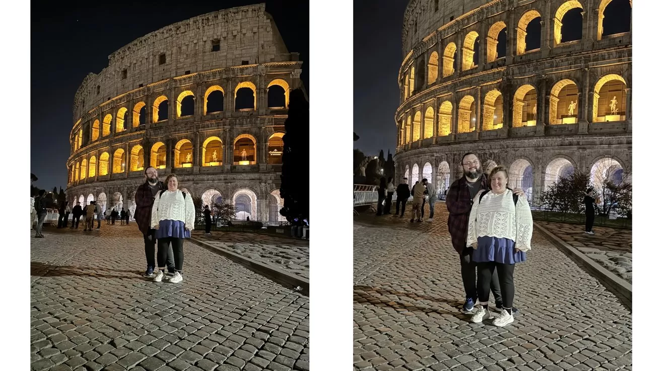 Two people pose together on cobblestone pavement at night in front of the illuminated Colosseum, shown in two similar sidebyside photos taken from slightly different distances