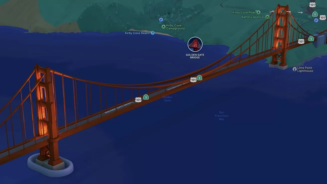 A 3D map view of the Golden Gate Bridge stretching over deep blue water, with orange towers illuminated and nearby land areas labeled with place markers
