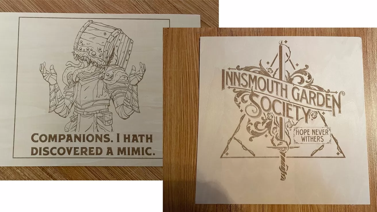 Two engraved fantasy art prints: left, an armored adventurer with a chest for a head captioned 