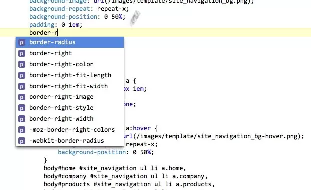 Code editor showing CSS file with syntax highlighting and an autocomplete dropdown listing border-related properties as a developer types a style rule for a website layout