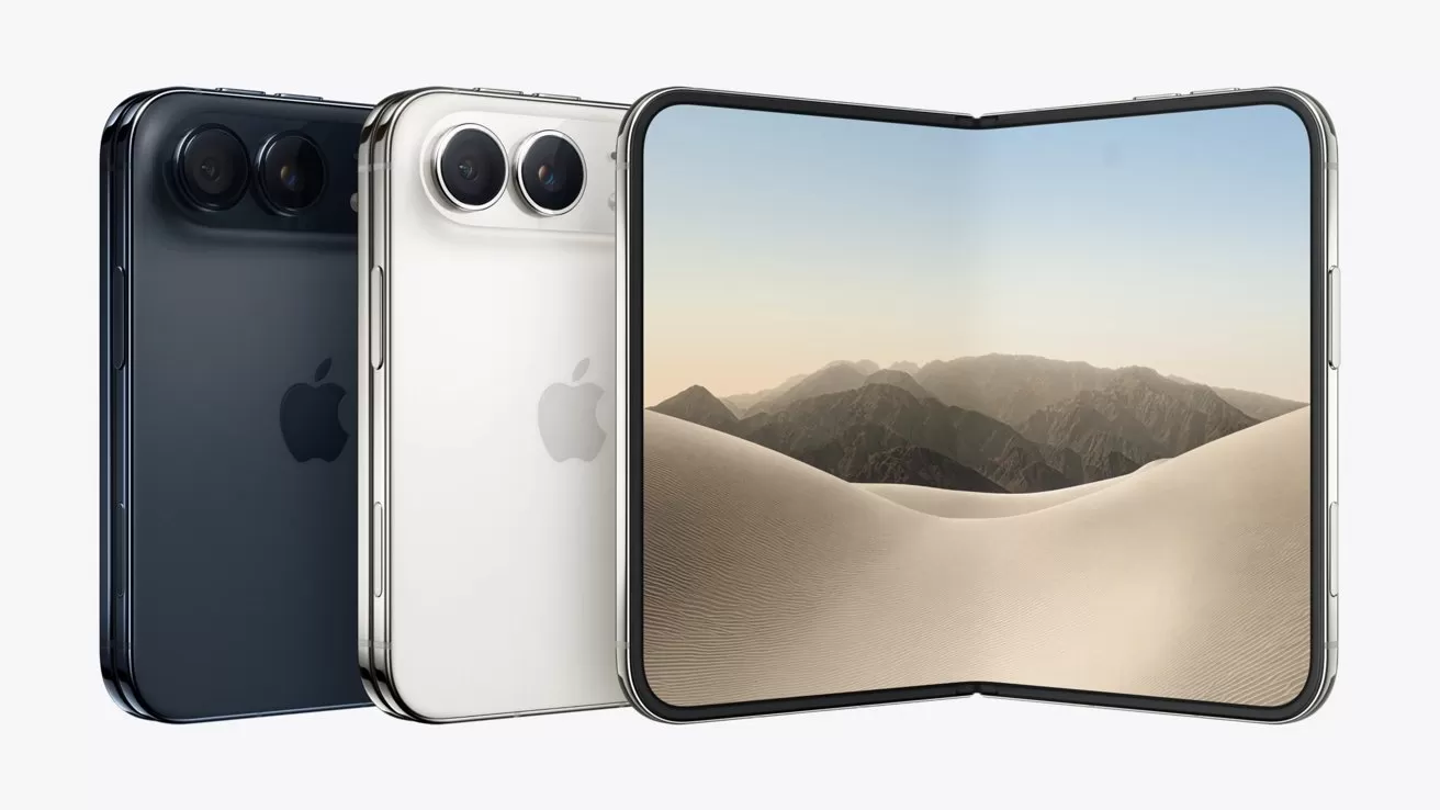 Three modern Apple smartphones in dark and light colors stand beside an unfolded foldable iPhone displaying a serene desert landscape with sand dunes and distant mountains.