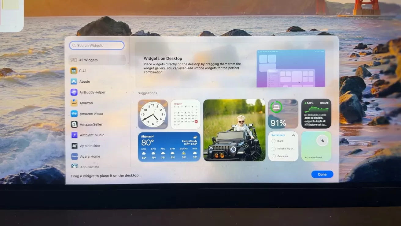 Computer screen showing macOS widgets selection panel over a beach desktop background, displaying clock, weather, photos, battery, and other interactive tiles with sidebar categories on the left