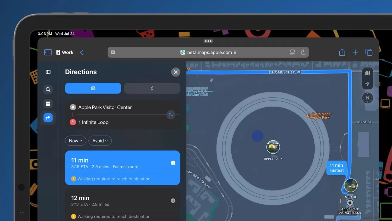 iPad screen showing Apple Maps directions to Apple Park, with route details on the left and a circular Apple Park campus map on the right, surrounded by dark interface elements