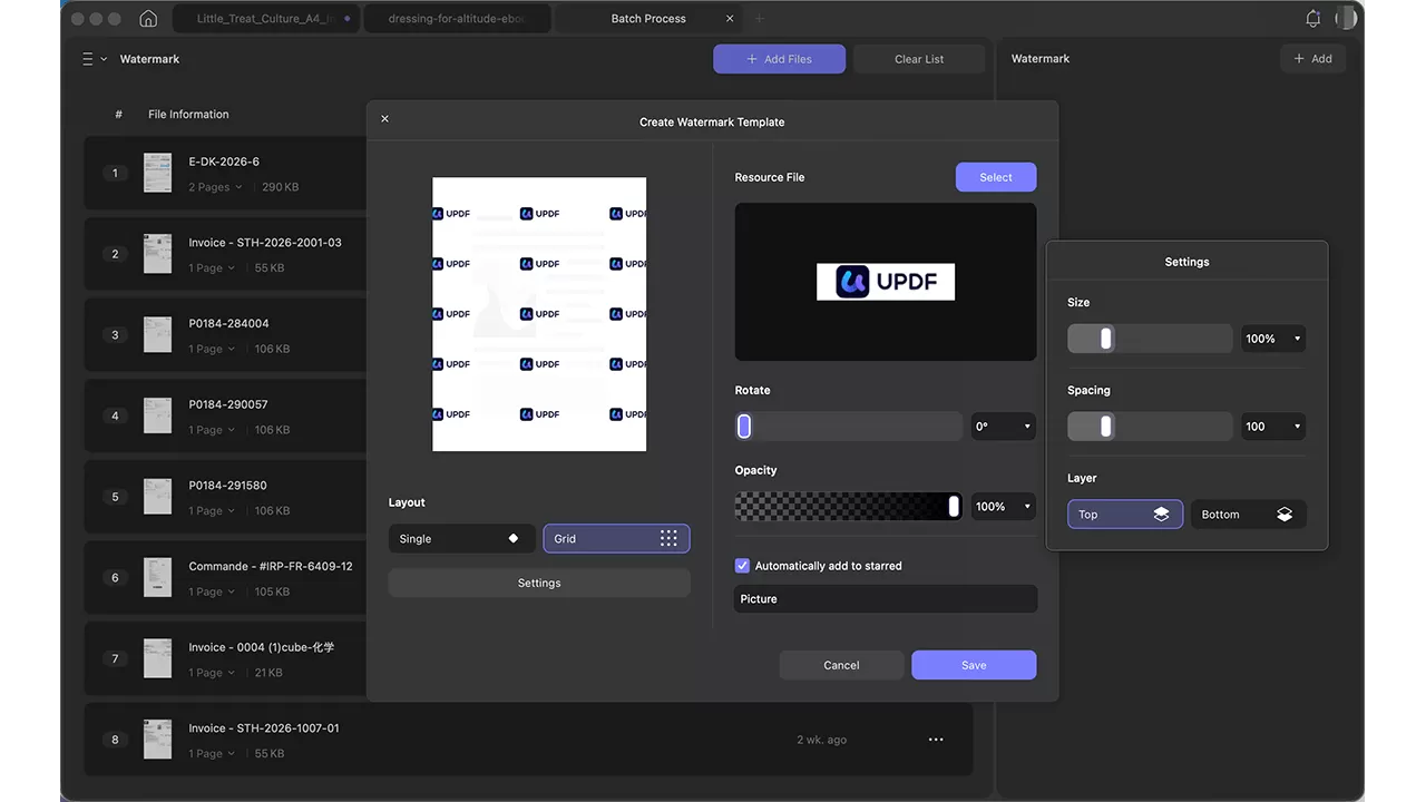 Dark-themed UPDF PDF editor interface showing batch process watermark settings, with a preview of repeated UPDF logo watermarks on the left and adjustable layout, opacity, size, and position controls on the right