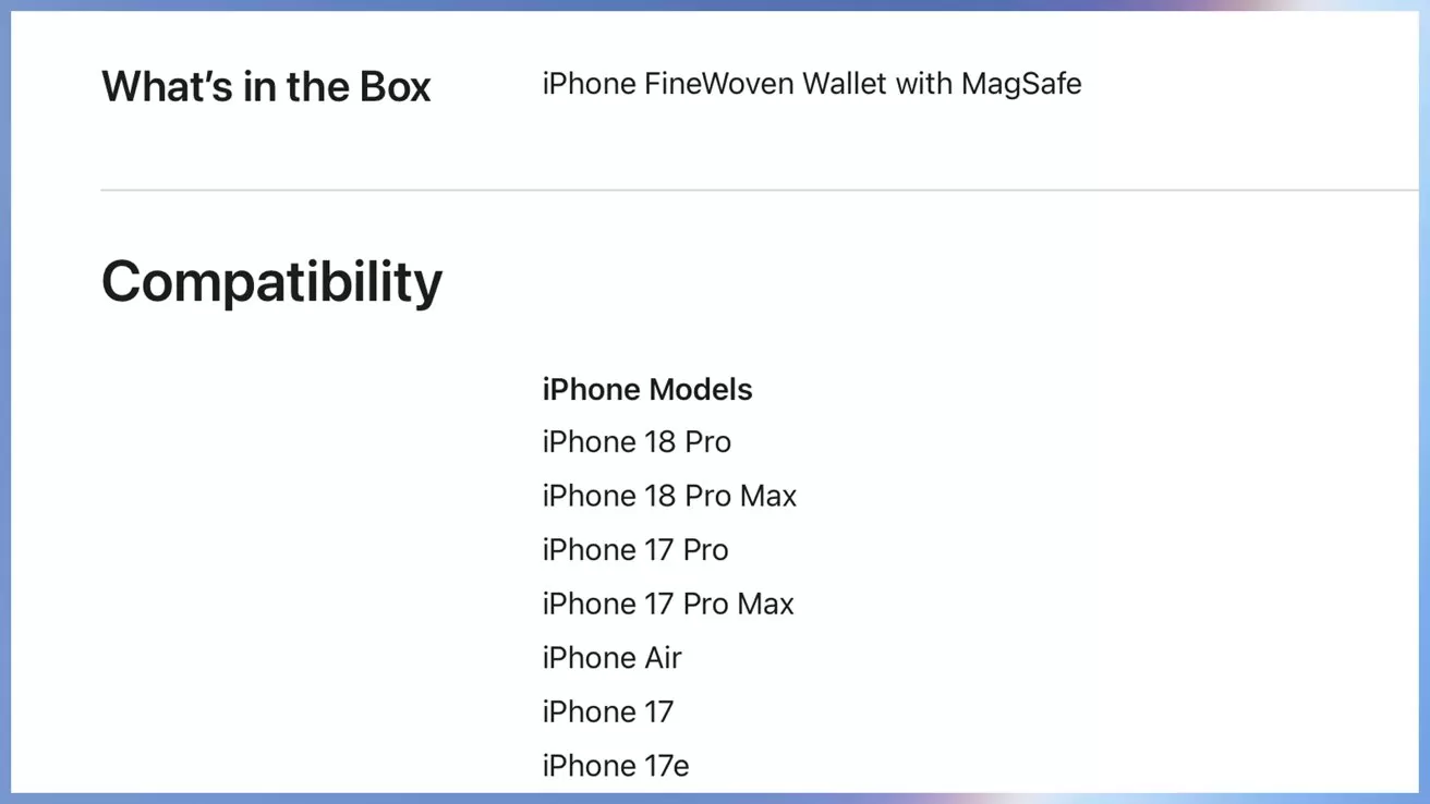 Screenshot of Apple product page listing compatibility for iPhone FineWoven Wallet with MagSafe, showing iPhone 18 Pro, 18 Pro Max, 17 Pro, 17 Pro Max, iPhone Air, iPhone 17, and 17e