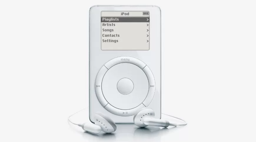 Classic white iPod with monochrome screen showing menu list, large circular click wheel controls below, and a pair of white wired earbuds resting at the base on a light background