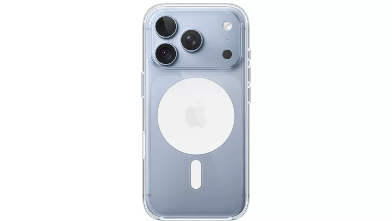 Light blue iPhone seen from the back, showing three camera lenses, flash, microphone, and a clear MagSafe case with a white circular magnet and vertical pill-shaped magnet strip