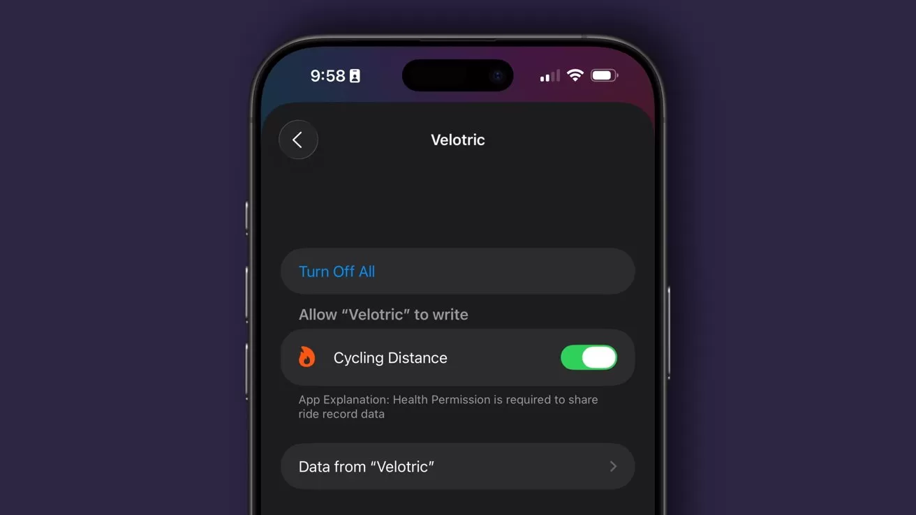 Smartphone screen showing Velotric health permissions page with dark theme, highlighting a green toggle to allow Cycling Distance data writing, and options like Turn Off All and Data from Velotric