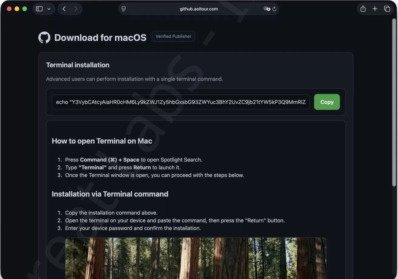 Dark-themed GitHub webpage showing download instructions for macOS, including a terminal installation command with a green Copy button, step-by-step terminal usage directions, and a forest photo thumbnail at the bottom