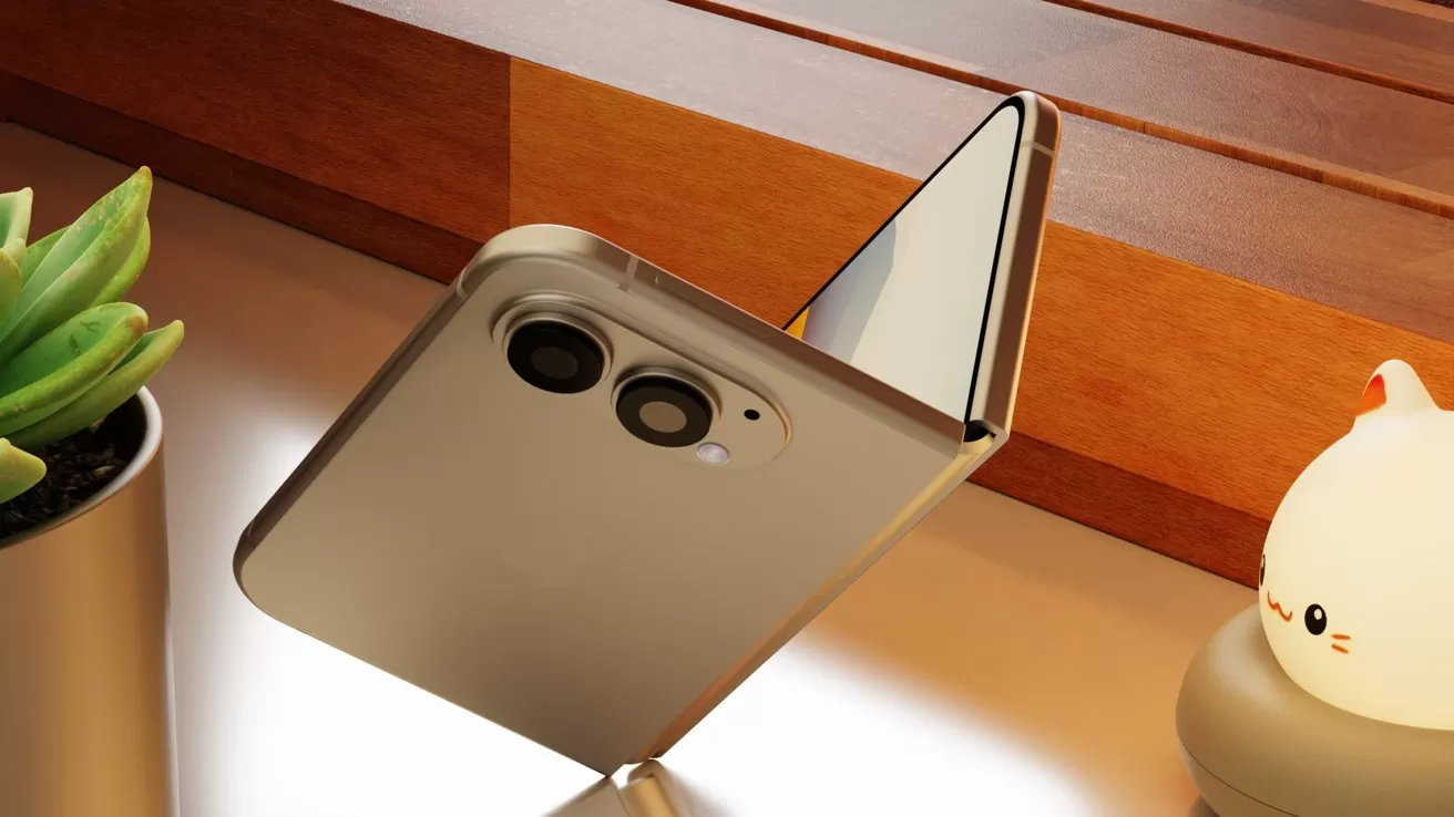 Foldable smartphone half-open on a desk near a small potted succulent and a cute cat-shaped night light, with warm wooden blinds in the softly lit background