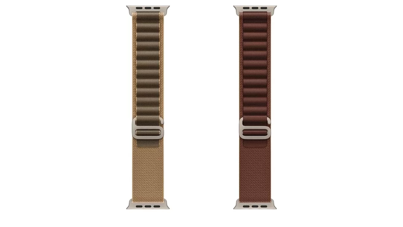 Two leather watch bands displayed vertically side by side, one light tan with ribbed texture and one dark brown, both with silver connectors and a central metal clasp