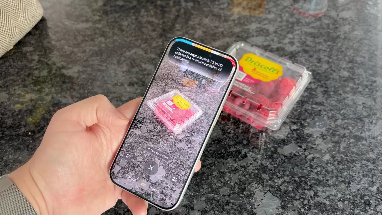 Hand holding a smartphone over a granite countertop, using the camera to identify a plastic container of Driscoll's raspberries placed nearby in the background