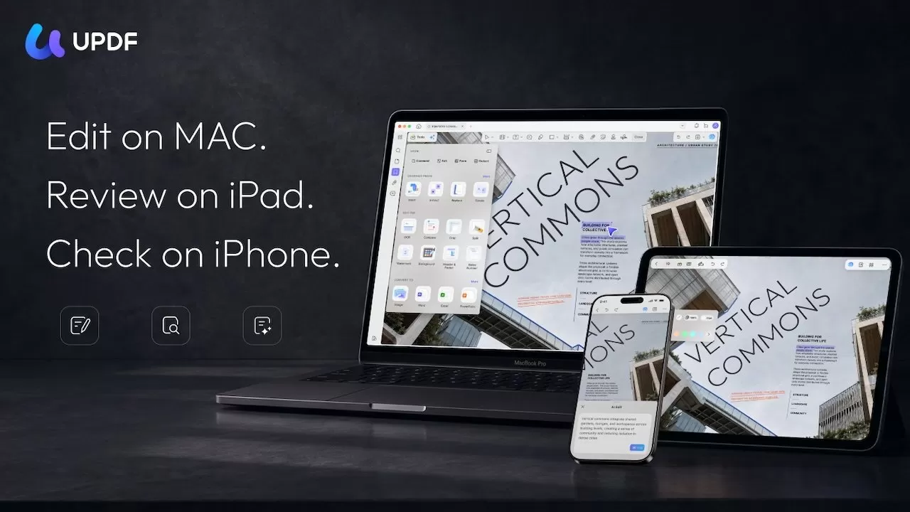 Dark promotional graphic for UPDF showing the same PDF document displayed on a MacBook, iPad, and iPhone, with text stating Edit on MAC, Review on iPad, Check on iPhone