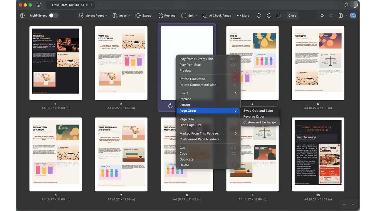 PDF editing software displaying multiple page thumbnails with various colorful layouts, while a context menu is open on one selected page showing options such as page order and page size