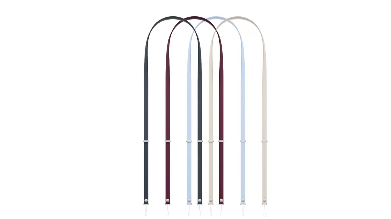 Six tall, thin straps in different colors&mdash;  black, dark blue, burgundy, light blue, gray, and white&mdash;  standing side by side against a plain white background