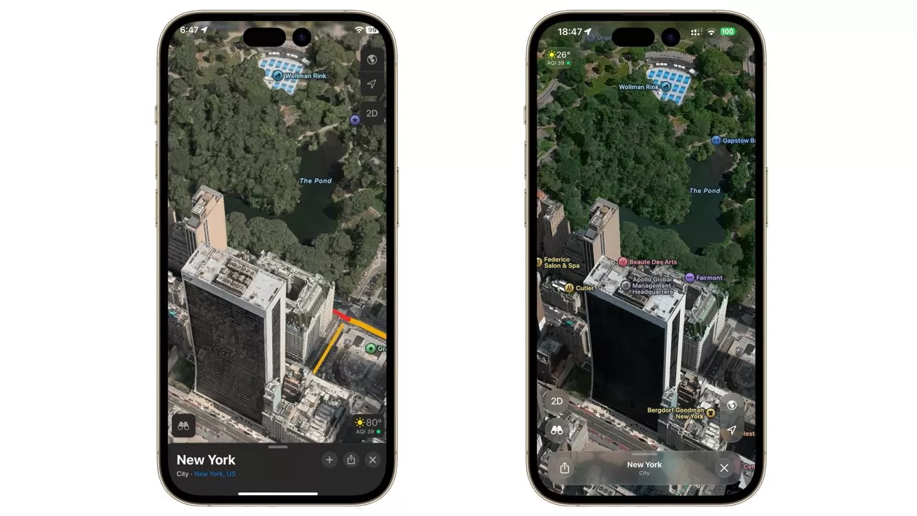 Two smartphones display 3D satellite maps of New York City skyscrapers next to Central Park, showing detailed buildings, streets, and greenery from an aerial perspective