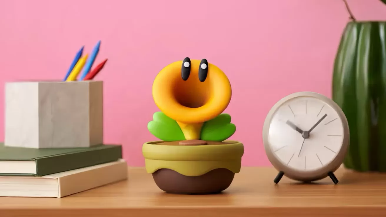 Cartoonish yellow potted plant with big eyes on a wooden desk, surrounded by books, a pencil holder with colorful pencils, a white clock, and a green vase against a pink wall