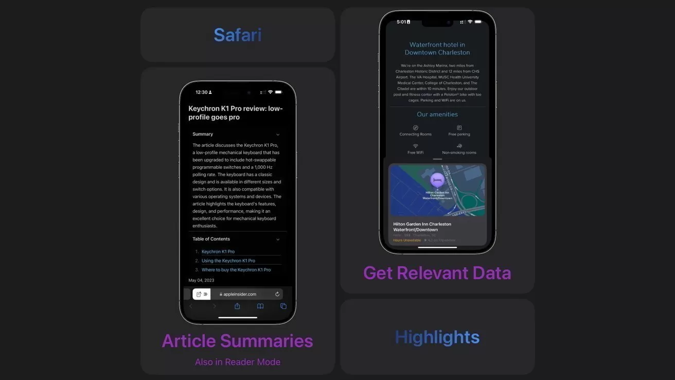 Two smartphones displaying Safari webpages on dark mode, demonstrating article summaries, relevant data cards, and highlights, with labels Safari, Article Summaries, Get Relevant Data, and Highlights on a dark background