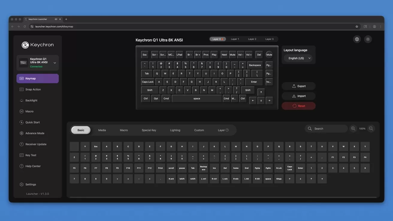 Keychron Launcher software window showing keyboard remapping interface with virtual keyboard layout, side navigation menu, language selector, and buttons for export, import, reset, and layer selection on dark background