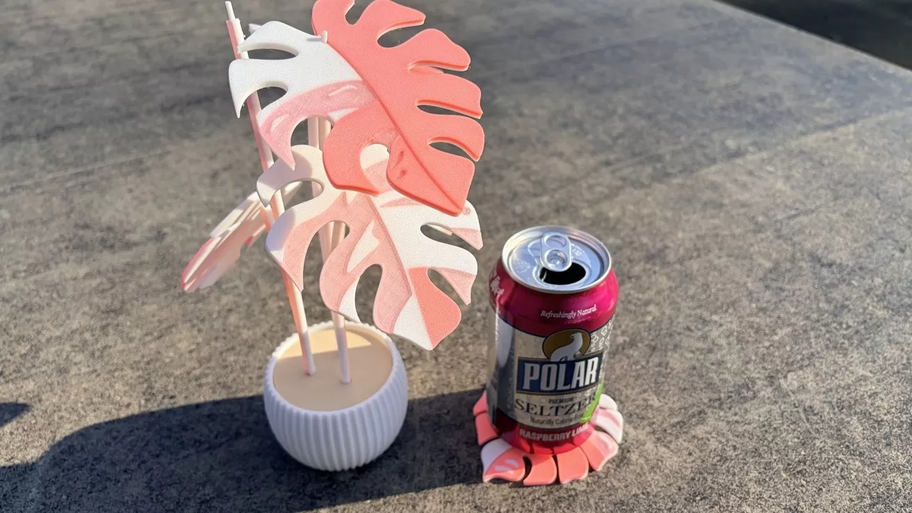 Pink and white tropical leaf decoration beside an opened raspberry lime Polar seltzer can on a gray outdoor table, with bright sunlight casting soft shadows