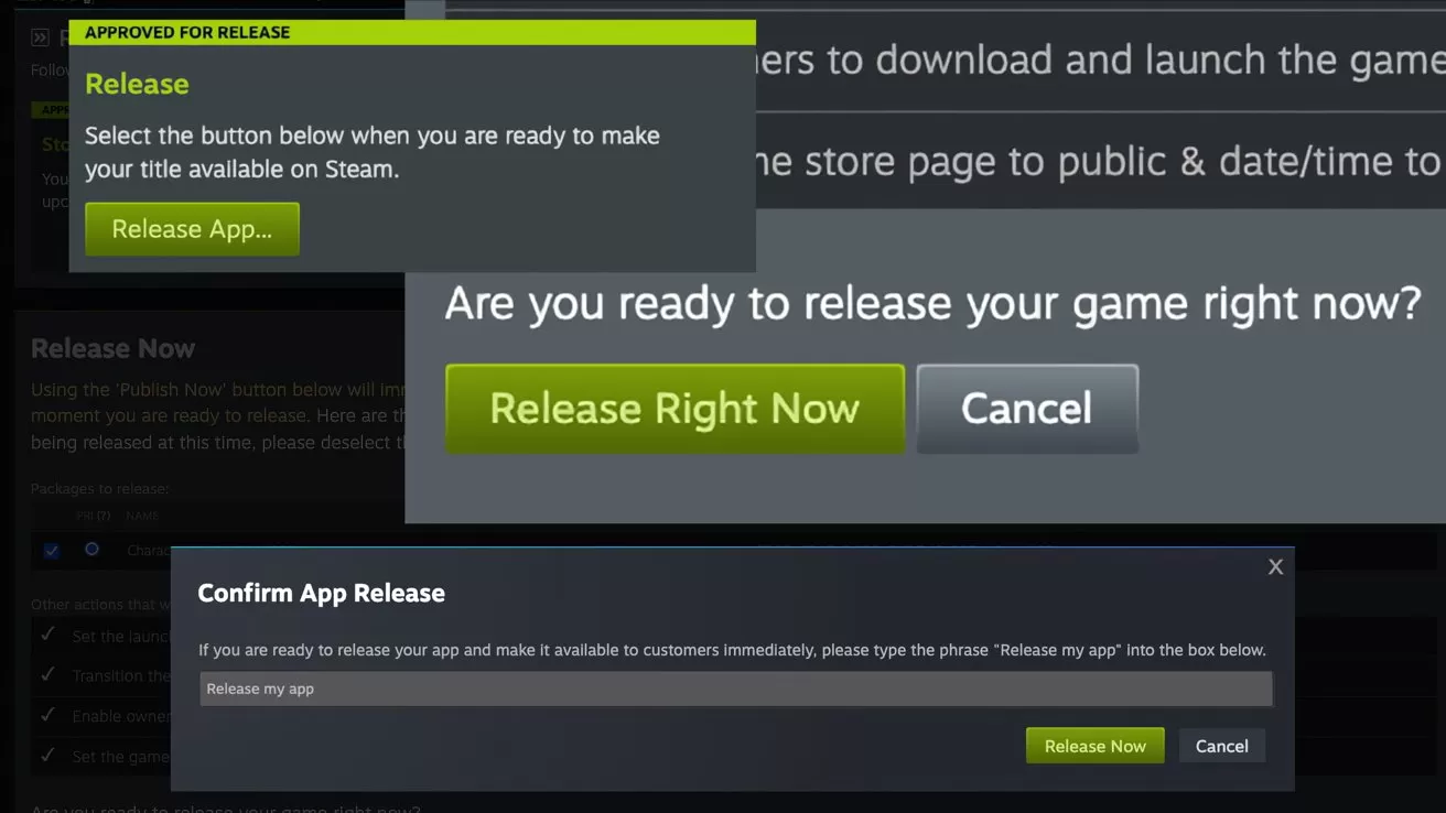 Steam game publishing interface showing overlapping confirmation dialog boxes, with green buttons labeled Release App and Release Right Now, and a dark confirmation bar asking to type a phrase before final release