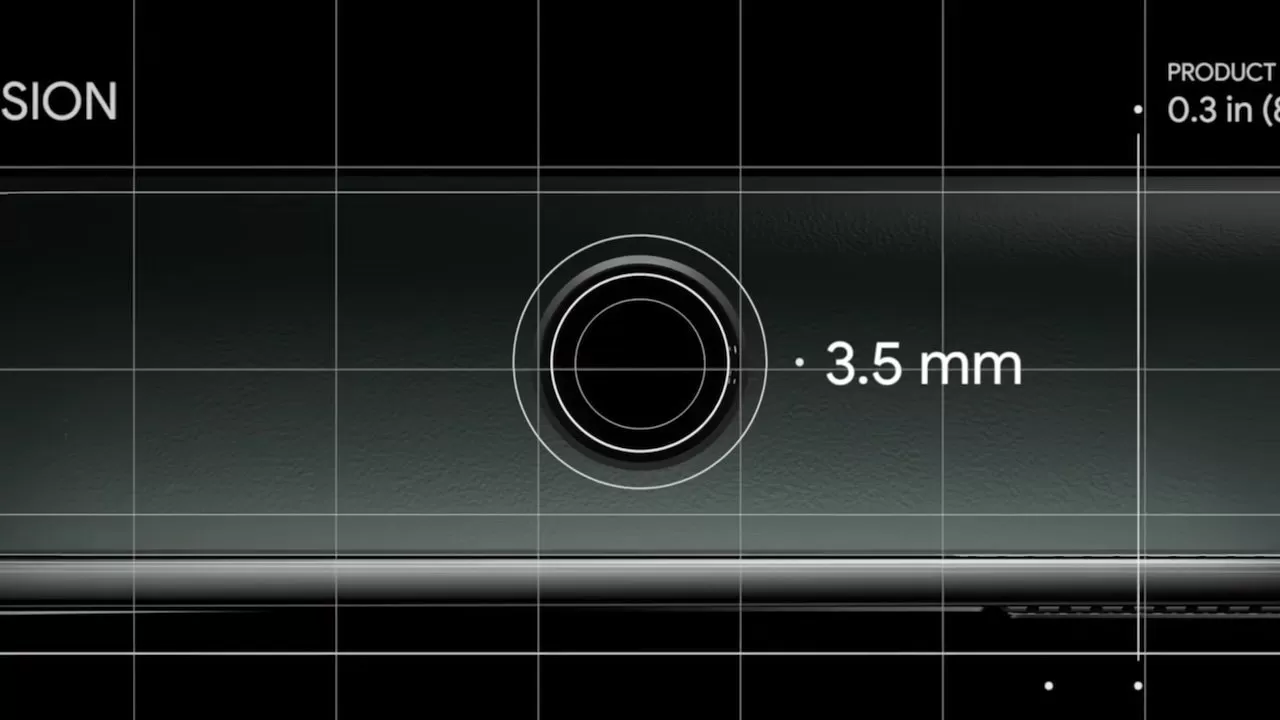 Side view of a slim device with a circular port labeled 3.5 mm, grid lines overlaid, and small text indicating product thickness of 0.3 inches