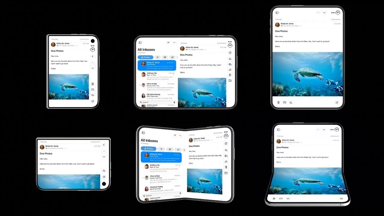 Six foldable smartphones on a black background, each showing a messaging app with a conversation list and an open chat displaying an underwater sea turtle photo in different screen orientations