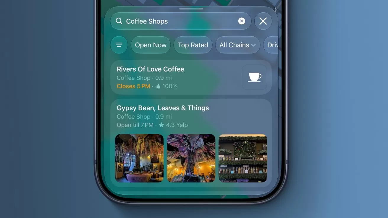Smartphone screen showing a coffee shop search interface with filters, list of nearby cafes including names, ratings, distance, hours, and small photo thumbnails, on a blue gradient background
