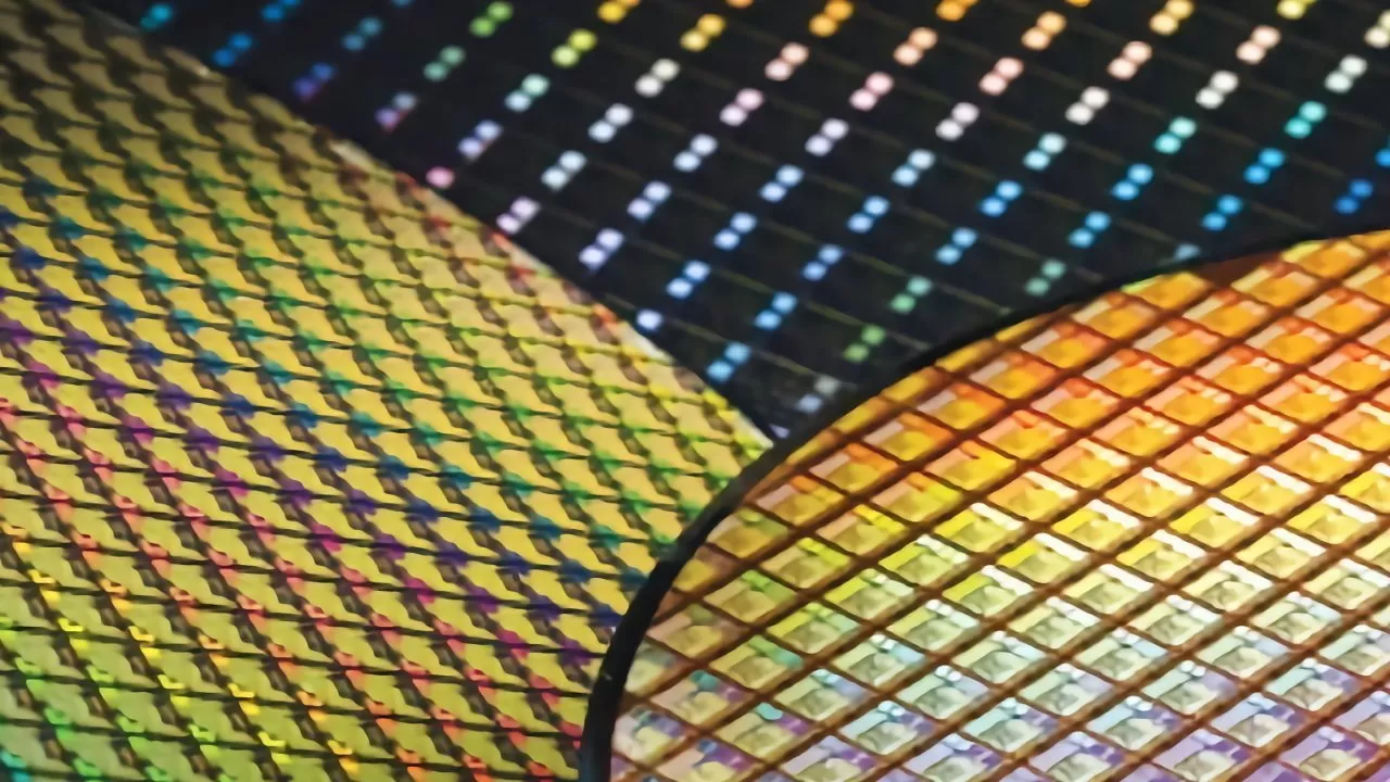 Close-up of colorful silicon wafers covered in tiny square microchips, forming overlapping circular patterns with rainbow reflections and a grid-like texture