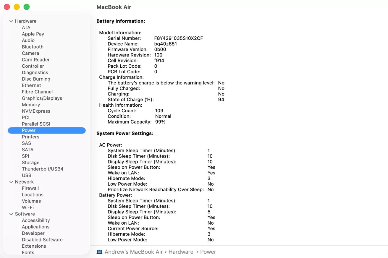 MacBook Air power settings and battery information, showing model, serial number, battery condition, cycle count, capacity, charge state, and sleep timers.