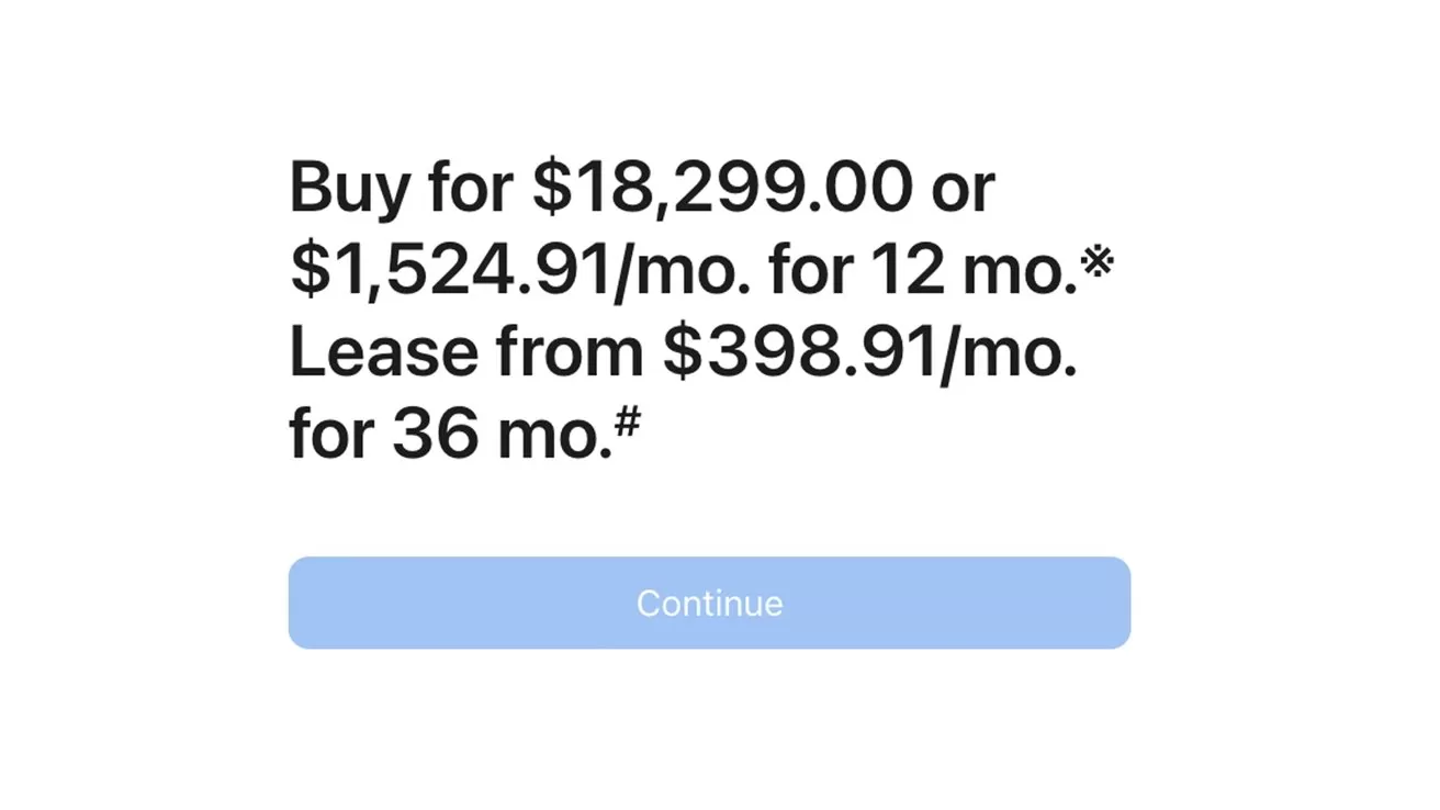 Pricing offer screen showing options: buy for $18,299 or $1,524.91 per month for 12 months, or lease from $398.91 per month for 36 months, with a disabled Continue button