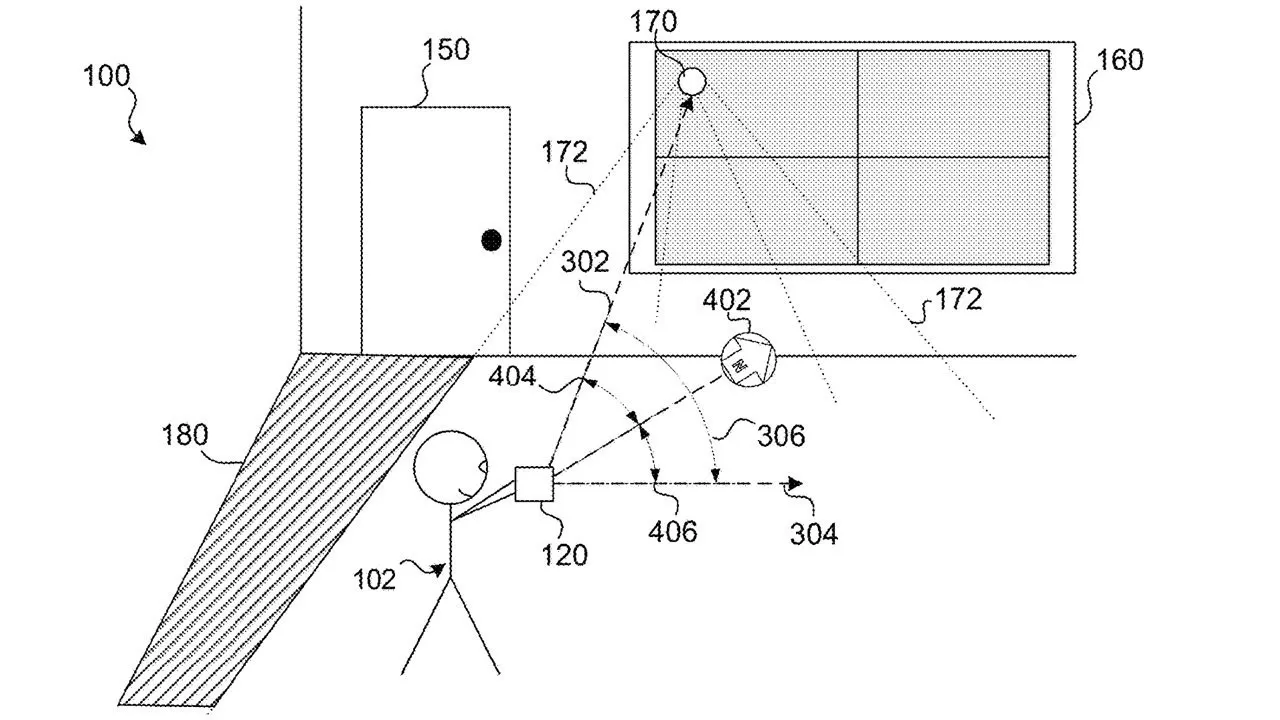Diagram showing a person with a handheld device tracking a moving ball's trajectory toward a rectangular screen or window, with arrows and dashed lines indicating motion paths and sensor detection points