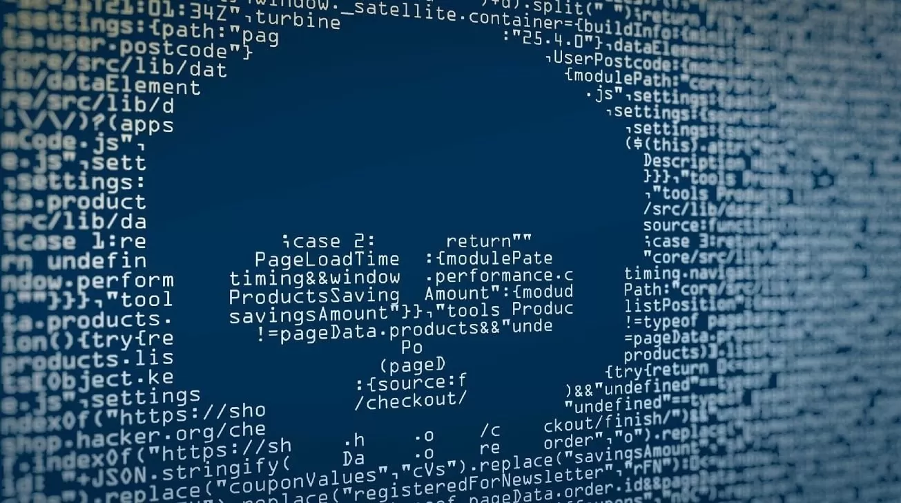 Blue digital skull silhouette formed by dense white computer code on a dark background, symbolizing hacking, malware, or cybersecurity threats in a stylized, abstract way